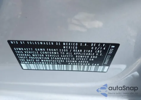 2014 Volkswagen Jetta Se z USA, uszkodzony, nr VIN 3VWD17AJ2EM421573